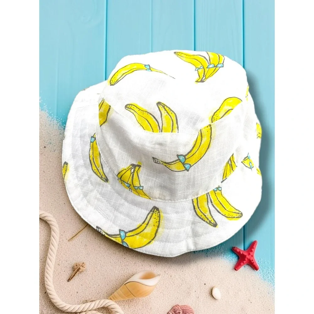 Andy & Evan Banana Print Cotton Gauze Romper and Hat Set Kids 3-6M